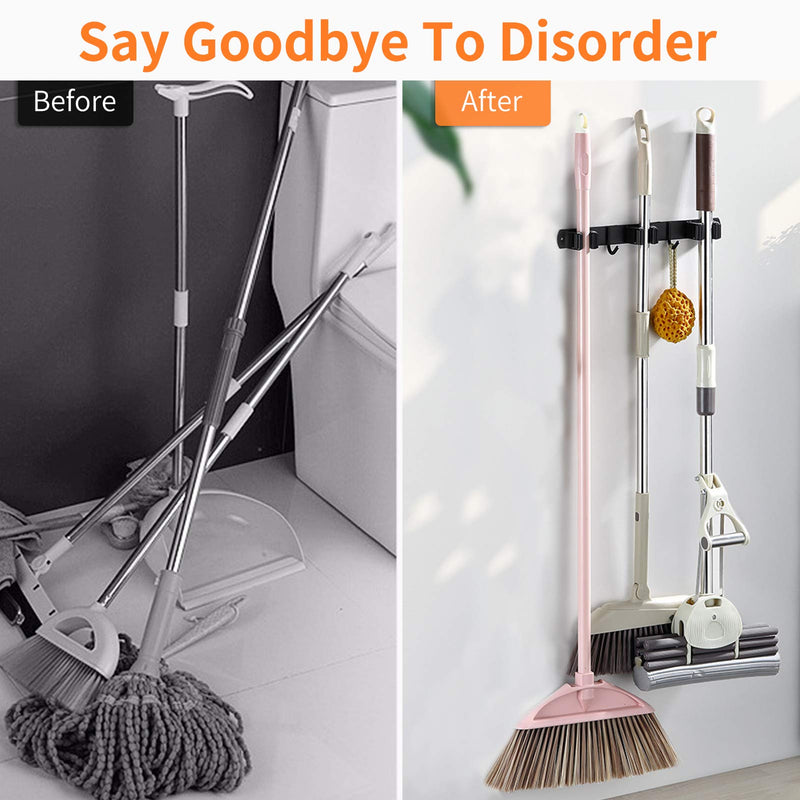  [AUSTRALIA] - Huryfox Broom and Mop Holder Wall Mounted Adjustable Garage Organizer with Utility Hooks Garden Tool Hanger Heavy-Duty Stainless-Steel Racks Cleaning Supplies for Kitchen/Laundry/Pantry/Bathroom Black