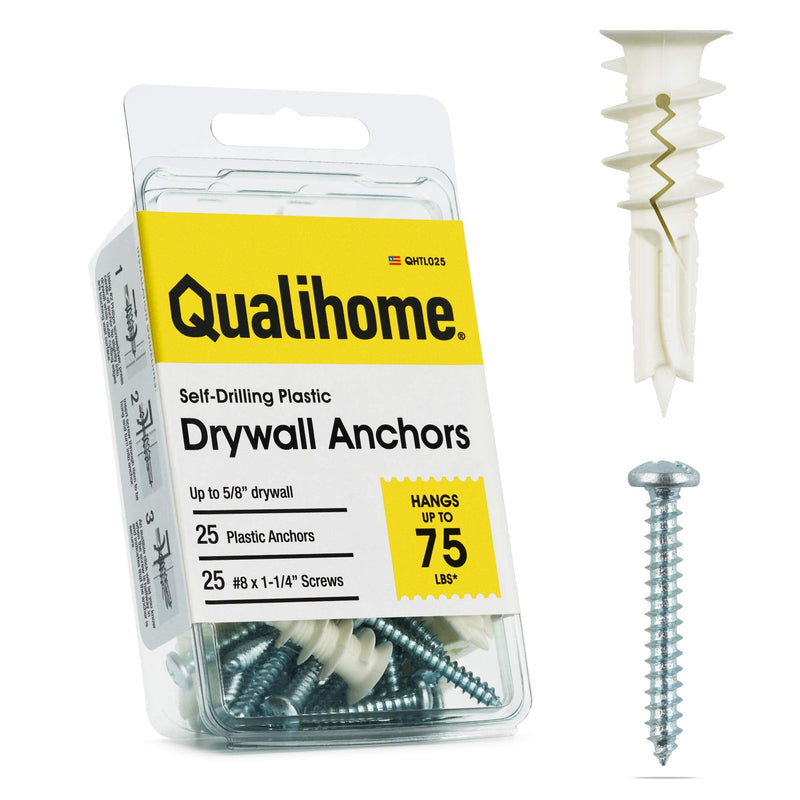  [AUSTRALIA] - #8 Self Drilling Drywall Plastic Anchors with Screws - No Pre Drill Hole Preparation Required - 75 Lbs 25 Pack