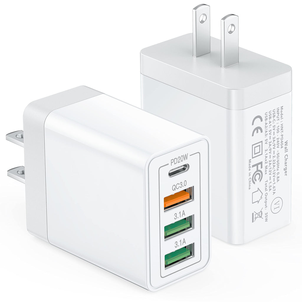 [AUSTRALIA] - 35W USB C Wall Charger Block, 2-Pack 4Port PD+QC Fast Power Adapter, Type C Charging Brick Cube Plug for iPhone 11/12/13/14/Pro Max, XS/XR/X, iPad/AirPods Pro, Samsung, Google, Tablet, Android(White) 2Pack White