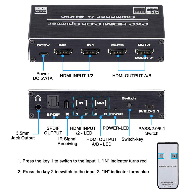  [AUSTRALIA] - HDMI Switch 2x2, 2 Ports HDMI Switch Splitter 2 in 2 Out with IR Remote Control, Support HDMI 2.0, HDCP 2.2, Ultra HD, 4K x 2K@60Hz, 3D, 1080P (Dual Monitors Duplicate/ Mirror Only)