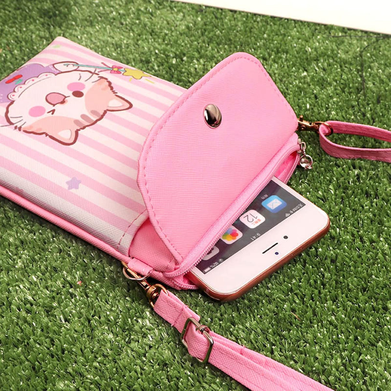 [AUSTRALIA] - Girls Cartoon PU Crossbody Bags Cat Cellphone Purse Bag With Shoulder Strap Mini Shoulder Bags Lightweight Cell Phone Purse Cute Travel Pouch Kids Phone Holder