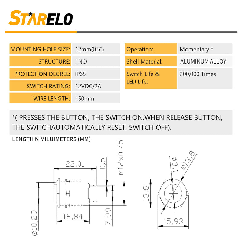  [AUSTRALIA] - Starelo 5pcs 12mm Momentary Push Button Switch Black Shell with pre-Wiring, IP65 Waterproof Push Button Switch,Stainless Steel 1 Normally Open Without LED. 12mm Black Shell