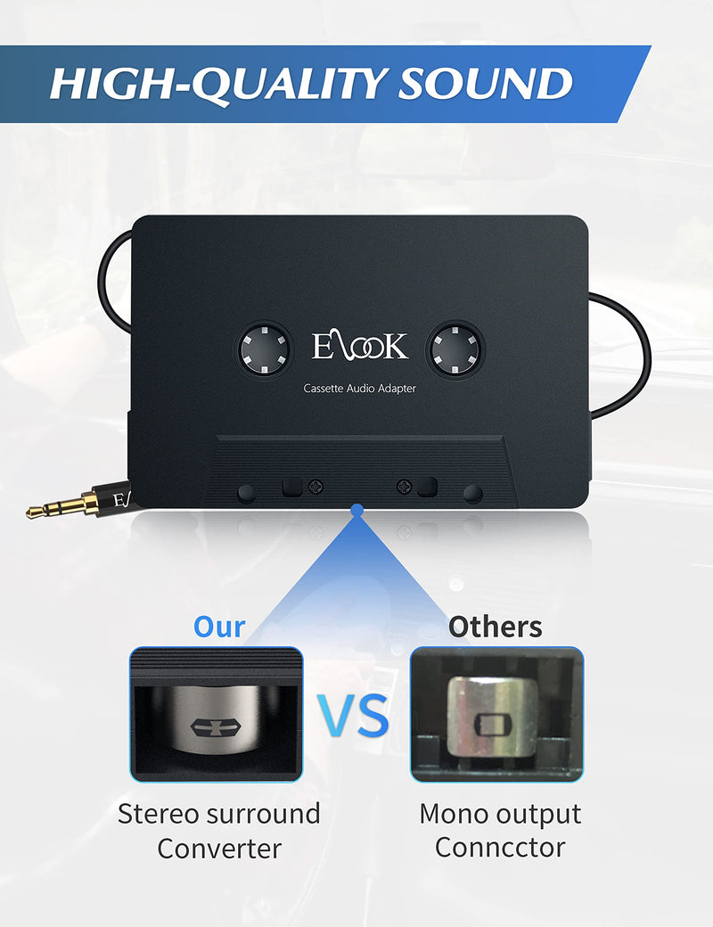  [AUSTRALIA] - Elook 2023 Car Cassette Aux Adapter Kit, with Upgraded Smartphone to 3.5 mm Headphone Jack Adapter for Phone, MP3 ect. Black