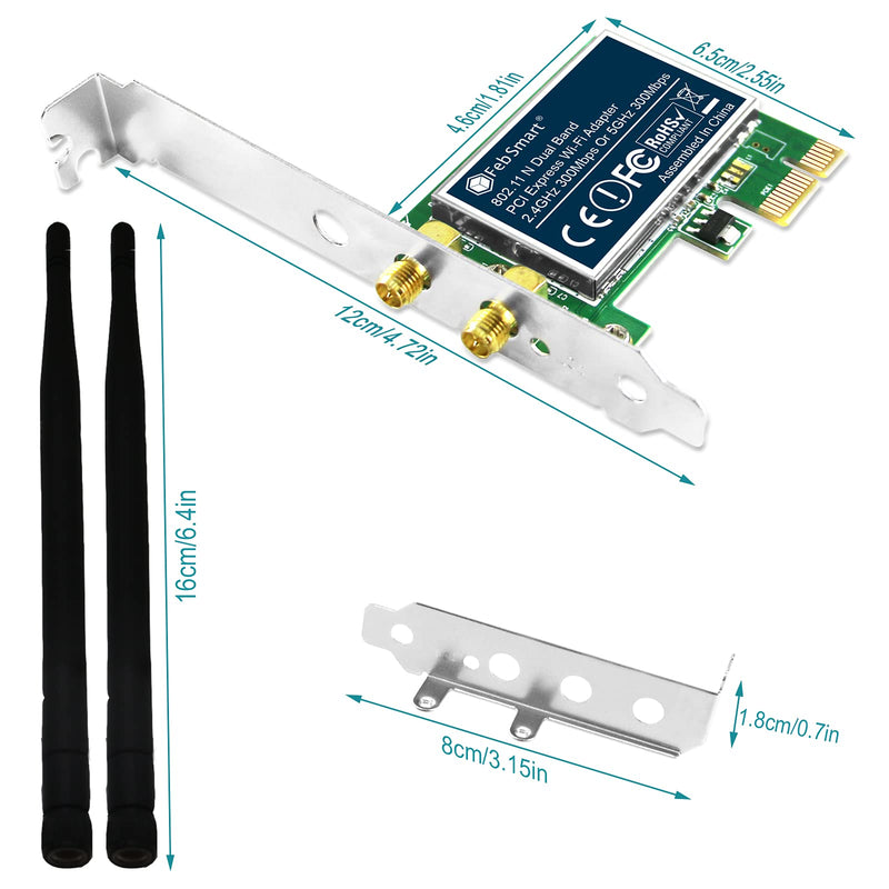  [AUSTRALIA] - FebSmart Wireless Dual Band N600 (2.4GHz 300Mbps or 5GHz 300Mbps) PCI Express Wi-Fi Adapter for Windows XP 7 8 8.1 10 Server System (32/64bit) Desktop PCs-2-Stream MIMO PCIE Wi-Fi Card (FS-N600)