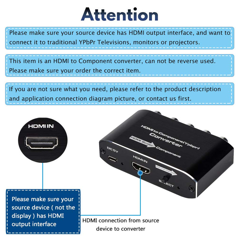  [AUSTRALIA] - HDMI to Component Converter with Scaler Function, HDMI to YPbPr 5RCA RGB Scaler Adapter V1.4 with R/L Audio Output Support for MacBook TV Blu-Ray DVD PS4 DVD, PSP, Xbox 360,Amazon Fire TV Black