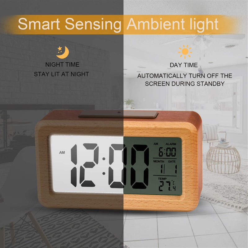  [AUSTRALIA] - OURISE Wooden Large LED Digital Alarm Clock, Smart Sensor Night Light with Snooze, Date, Temperature, 12/24Hr Switchable,Easy to Use,Solid Wood Shell, for Bedrooms and Travel,Battery Operated(Brown) Brown