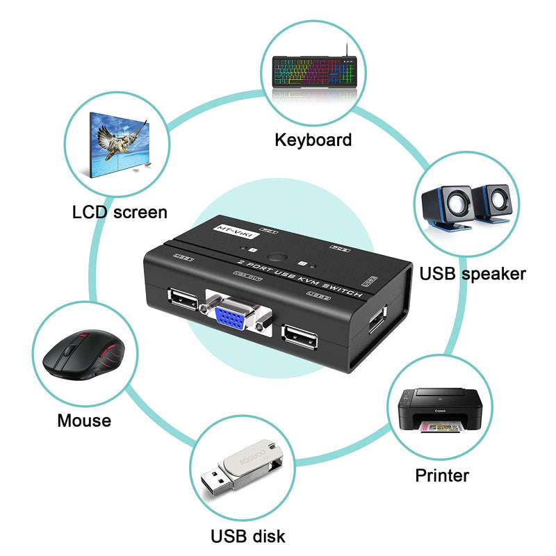  [AUSTRALIA] - KVM Switch VGA, MT-VIKI 2 Port USB VGA KVM Switch 2 Computers Share One Monitor Keyboard Mouse Printer + 2 VGA KVM Cables