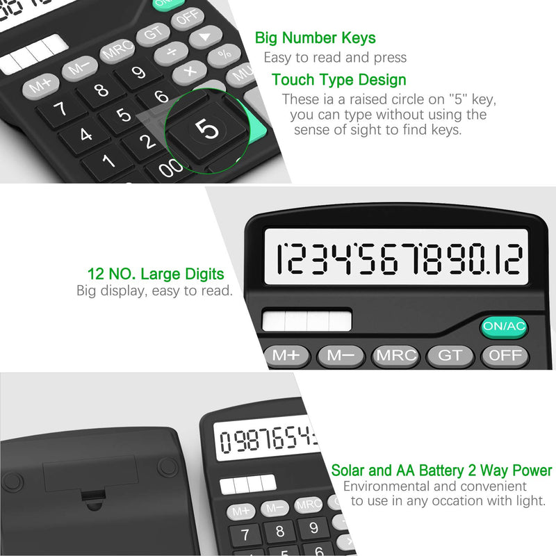  [AUSTRALIA] - Calculator, Splaks 2 Pack Standard Functional Desktop Calculator Sola and AA Battery Dual Power Electronic Calculator with 12-Digit Large Display (1 Basic Black&1 Updated Silver) 1 Black&1 Silver