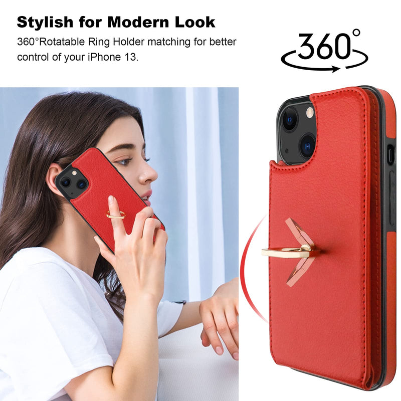  [AUSTRALIA] - Folosu Compatible with iPhone 13 Case Wallet with Card Holder, 360°Rotation Finger Ring Holder Kickstand Protective RFID Blocking PU Leather Double Buttons Flip Shockproof Cover 6.1 Inch Red