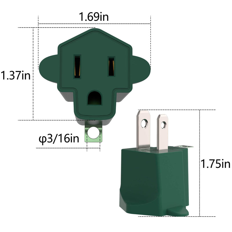  [AUSTRALIA] - ETL 3 Prong to 2 Prong Adapter Polarized Grounding Converter JACKYLED 3-Prong Adapter Converter Fireproof Material 200℃ Resistant Heavy Duty for Wall Outlets, Electrical, Household, Dark Green, 2 Pack