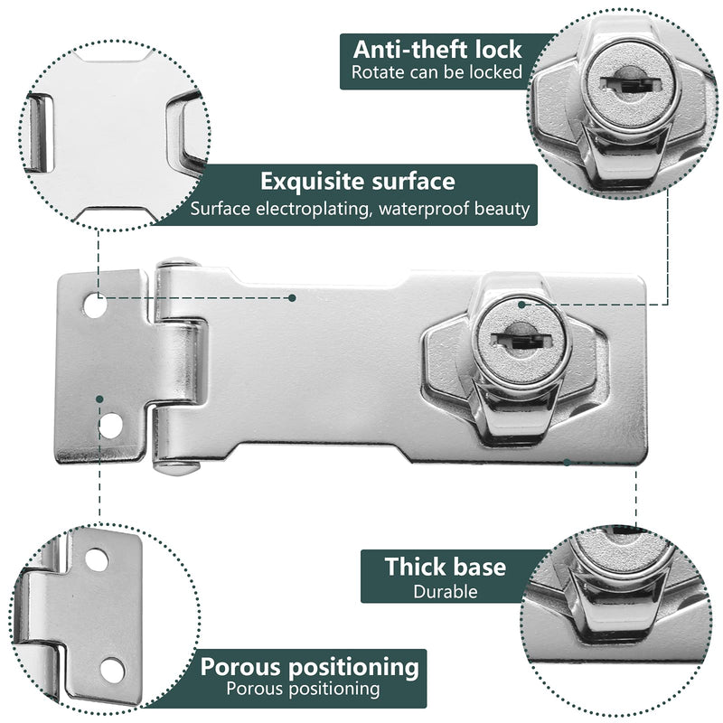  [AUSTRALIA] - Augiimor 2PCS 3 Inch Keyed Hasp Locks, Keyed Alike Twist Knob Keyed Locking Hasp, Stainless Steel Catch Latch Safety Lock for Cabinets, Door