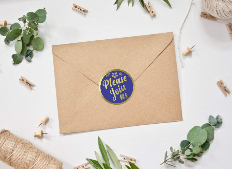Please Join Us Stickers - (Pack of 120) 2" Large Round Labels Gold Foil Stamping on Blue for Cards Gift Envelope Seals Boxes Please Join Us - Gold Foil - LeoForward Australia