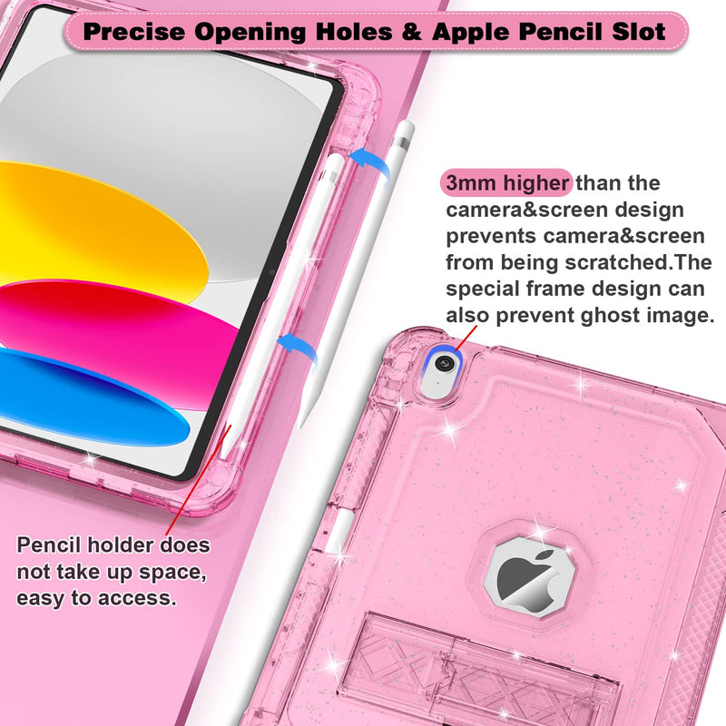  [AUSTRALIA] - ZoneFoker Case for iPad 10th Generation 10.9 inch 2022, Heavy Duty Shockproof Rugged Protective with Pencil Holder, 10.9" 10 Gen Translucent Cover with Kickstand for Kids, Pink Glitter