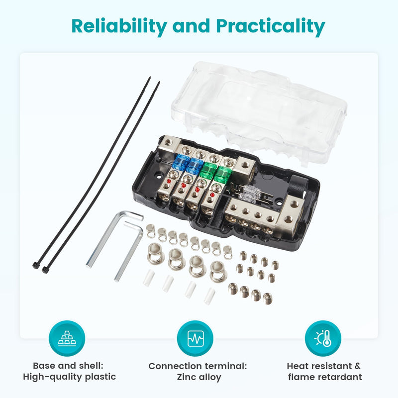  [AUSTRALIA] - NuIth Car Audio Power Distribution Block 0/4 Gauge Input 4/8 Gauge Output, 4 Way Mini ANL Fuse Block 12V with Ground, 2 Way in 4 Way Out Fused Distribution Block with Red LED Indicator