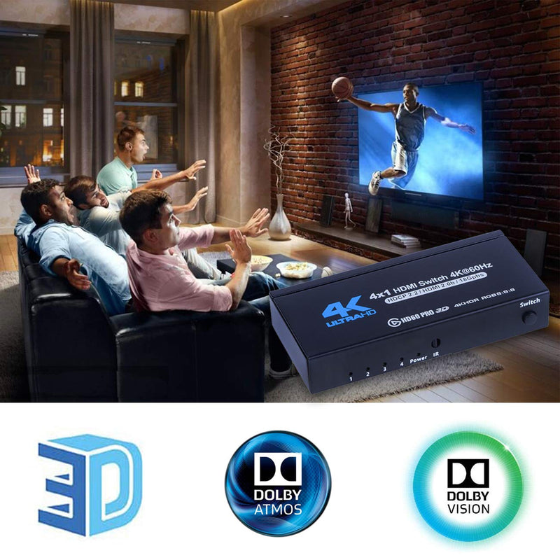  [AUSTRALIA] - 4K HDMI Switch 4x1, 4K@60Hz 4 in 1 Out HDMI Switcher Selector with IR Remote Control, Supports HDCP 2.2 4K@60Hz UltraHD HDR10 3D HD1080P Dolby DST, HDMI Splitter for PS4 Xbox Apple TV Fire Stick