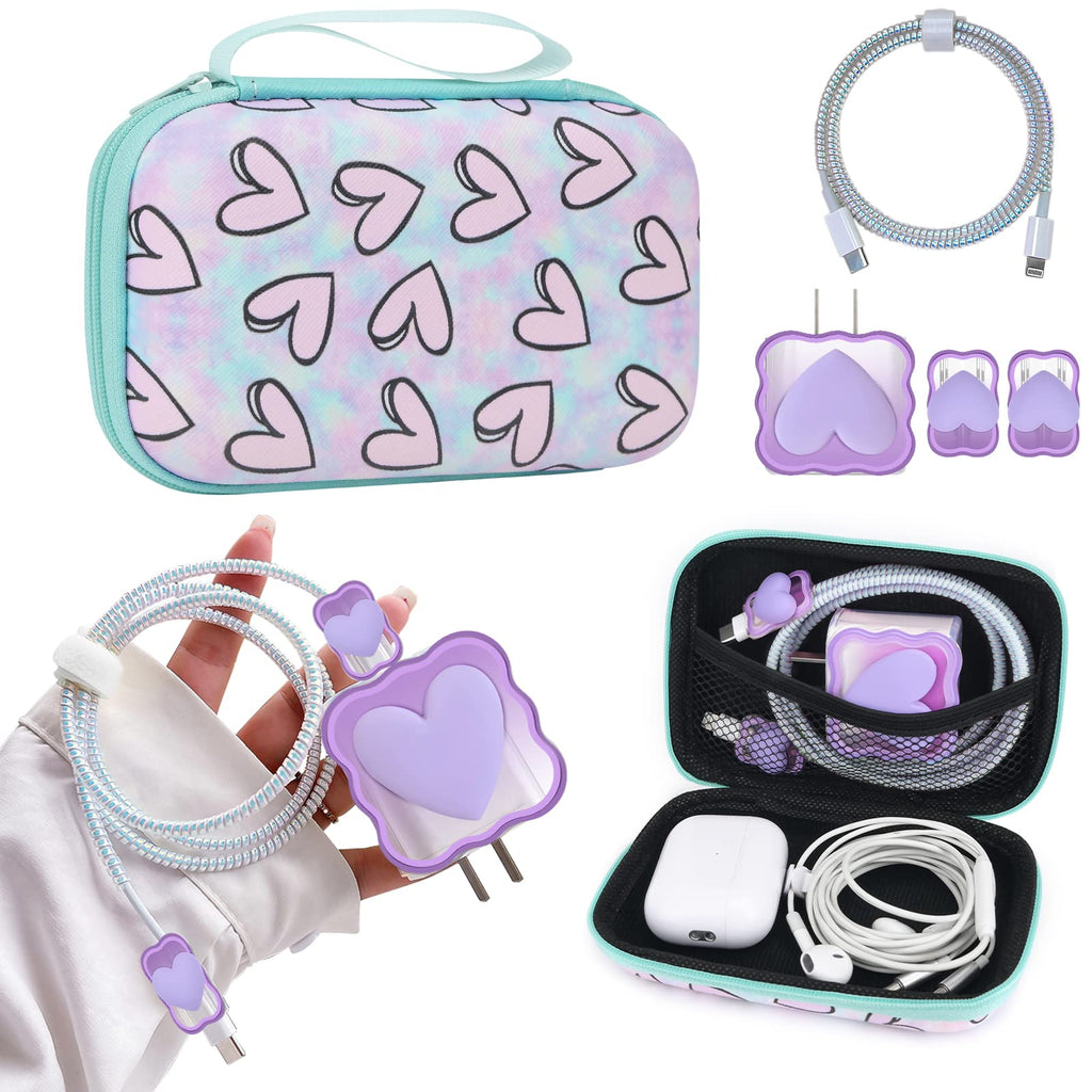  [AUSTRALIA] - Phone Charger Storage Case Set with Purple 3D Love Heart Carrying Cover Bag Kawaii Cute DIY Cable Protector Charger Accessories USB line Travel Cable Organizer,Compatible for iPhone Purple Heart