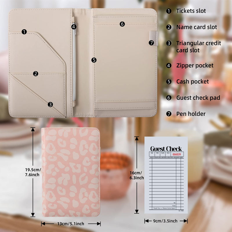  [AUSTRALIA] - Server Book, Waitress Book, Server Books for Waitress/Waiter with Zipper Pocket Waitress Book Organizer Checkbook Leopard Pattern 8x5 Inch Pink Leopard