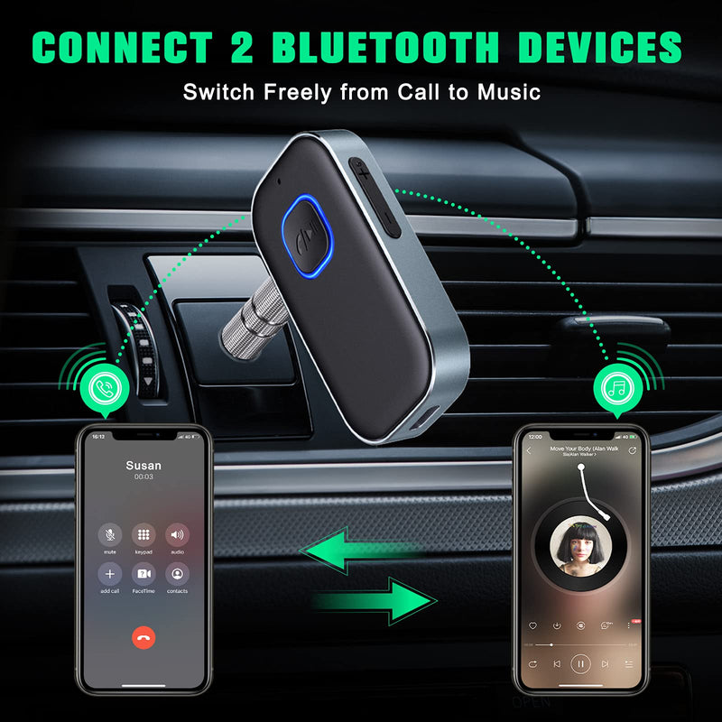 [2021 Upgraded] COMSOON Bluetooth AUX Adapter for Car, Noise Cancelling Bluetooth 5.0 Music Receiver for Home Stereo/Wired Headphones/Hands-Free Calls, 16H Battery Life, Dual Connect-Black+Gray - LeoForward Australia
