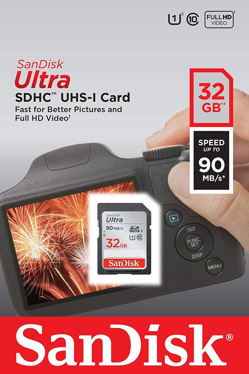 SanDisk 32GB SDHC SD Ultra Memory Card Works with Nikon D3500, D7500, D5600, D5200 Digital Camera Class 10 (SDSDUNR-032G-GN6IN) Bundle with (1) Everything But Stromboli Combo Card Reader - LeoForward Australia