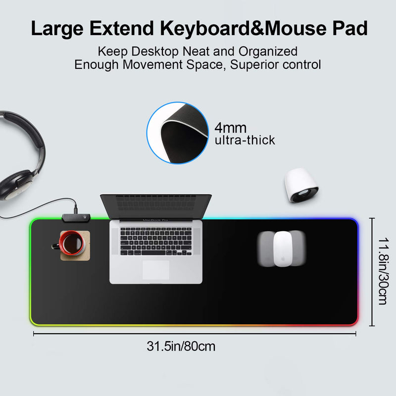 BZseed RGB Gaming Mouse Pad Extended Large LED Mouse Pad Anti-Slip Base Computer Keyboard Mouse Mat for Gaming Computer/Laptops/Office Desk (31.5 x 11.8 x 0.16 in, Black) 31.5 x 11.8 x 0.16 in - LeoForward Australia