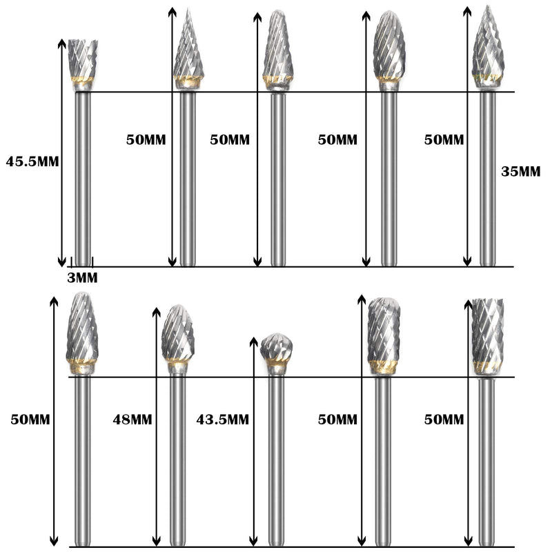 Canitu 10Pcs Rotary Burr Set Tungsten Steel Carbide Burrs Double Cut Die Grinder Bits Rotary Tool Accessories for Wood Carving Tools, Metal Engraving, Polishing, Drilling | 1/8" Shank, 1/4" Head - LeoForward Australia