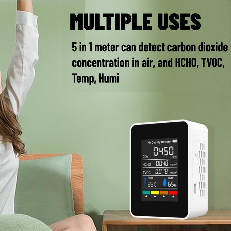  [AUSTRALIA] - CO2 Detector ABS Air Quality Monitor Battery Powered 5 in 1 Carbon Dioxide HCHO TVOC Temperature Humi Meter