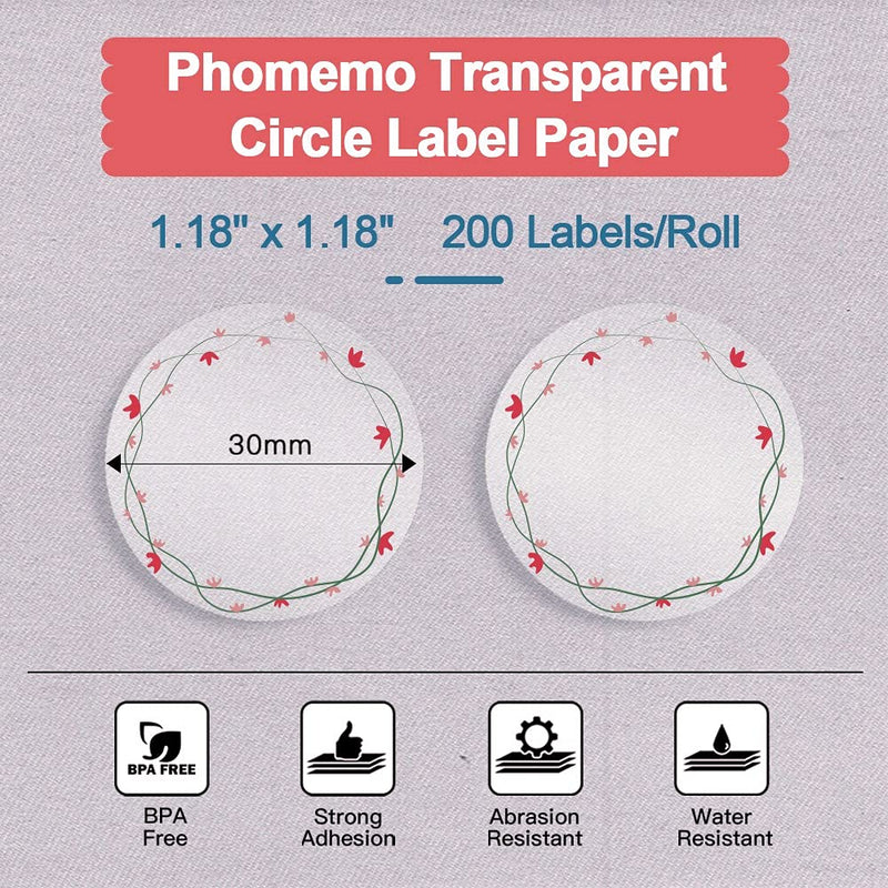 Phomemo M200/M110S Clear Circle Thermal Label Paper with Border-Flower Series,1.18"x 1.18"(30x30mm), 200 Labels/Roll,Black on Clear 30mmx30mm - LeoForward Australia