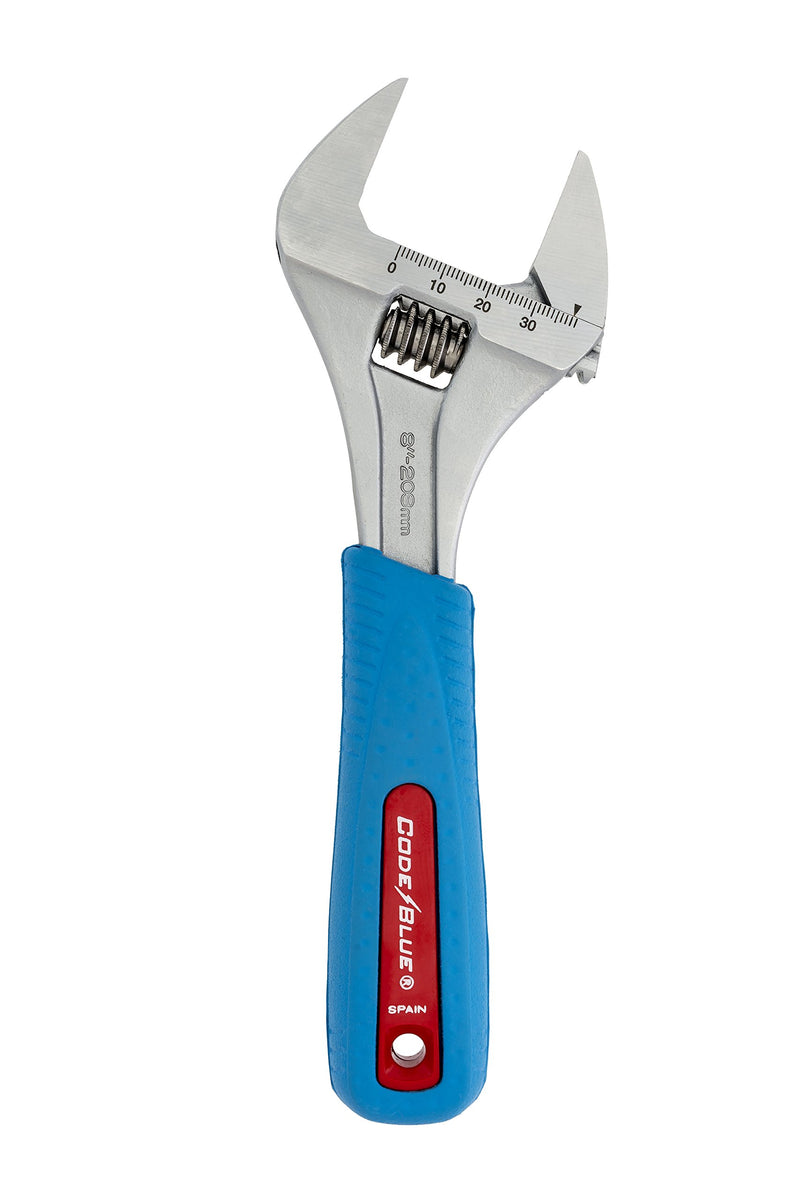  [AUSTRALIA] - Channellock 8SWCB Slim Jaw 8-Inch WideAzz Adjustable Wrench | 1.5-Inch Jaw Capacity | Precise Design Grips in Tight Spaces | Measurement Scales for Easy Sizing of Diameters | CODE BLUE Comfort Grip