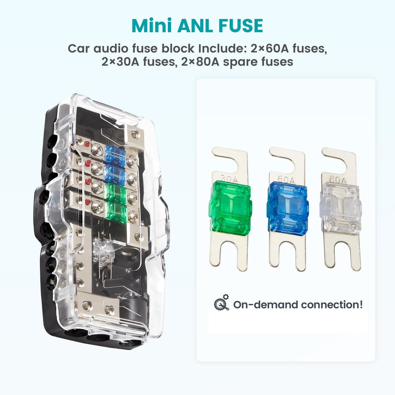  [AUSTRALIA] - NuIth Car Audio Power Distribution Block 0/4 Gauge Input 4/8 Gauge Output, 4 Way Mini ANL Fuse Block 12V with Ground, 2 Way in 4 Way Out Fused Distribution Block with Red LED Indicator