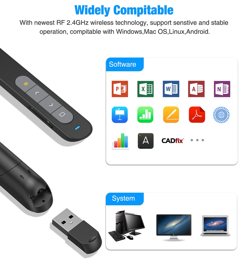  [AUSTRALIA] - DINOSTRIKE Wireless Presenter Remote Presentation Clicker,RF 2.4GHz USB Presentation Pointer with Volume Control Slide PowerPoint Clicker for Computer Laptop Mac Black