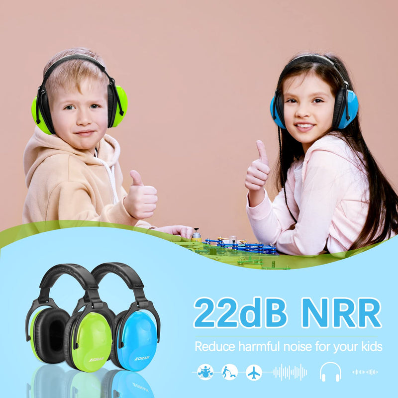  [AUSTRALIA] - ZOHAN Kids Ear Protection 2 Pack,Kids Noise Canceling Headphone for Concerts, Monster Truck, Fireworks Blue&green