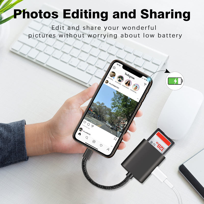  [AUSTRALIA] - SD Card Reader for iPhone iPad, Memory Card Reader for Digital and Sports Camera and Drone, iPhone SD Card Adapter Support Charging and Card Reading, SD TF Dual Slots, Plug and Play, No APP Required
