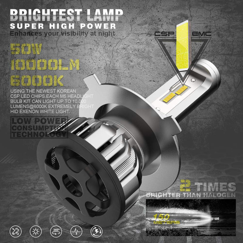 H4 9003 HB2 LED Bulb, CAR ROVER 50W 10000Lumens Extremely Bright 6000K CSP Chips Conversion Kit, Replacement High Low Beam Fog Light - LeoForward Australia