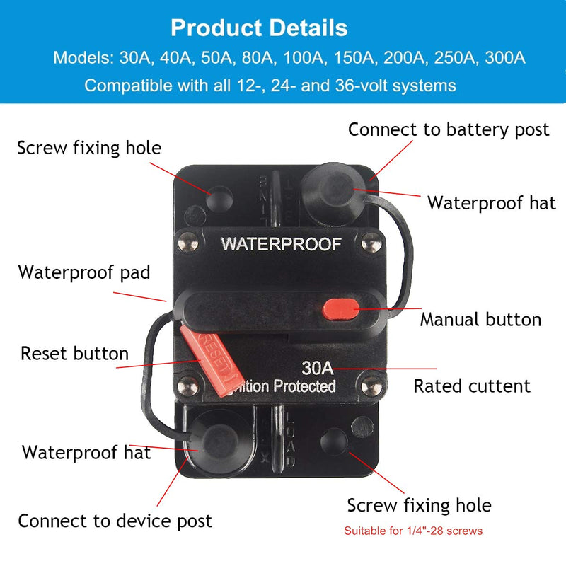  [AUSTRALIA] - WOHHOM 120 Amp Circuit Breaker with Manual Reset 12V-36V DC Waterproof Surface Mount for Car Audio Rv Marine Boat Truck Trolling Motors, 30-300A Car Speaker Resettable Fuse WF120A