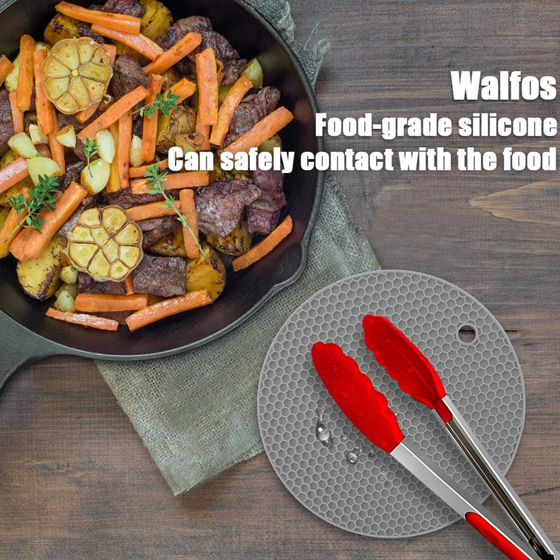  [AUSTRALIA] - Walfos Silicone Trivet Mats - 4 Heat Resistant Pot Holders, Multipurpose Non-Slip Hot Pads for Kitchen Potholders, Hot Dishers, Jar Opener, Spoon Holder, Food Grade Silicone & BPA Free (Round) 4Pcs Round Trivet Mat (Nordic Grey)