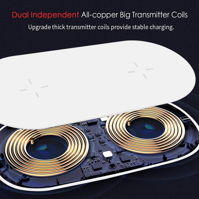  [AUSTRALIA] - Dual Wireless Charger, COSOOS Double Fast Charging Pad 15W Max Compatible with iPhone 13/13 Pro/13 Pro Max/13 Mini/12/11/XS, Galaxy S21/Note 10, AirPods Pro, Galaxy Buds+(No AC Adapter) White