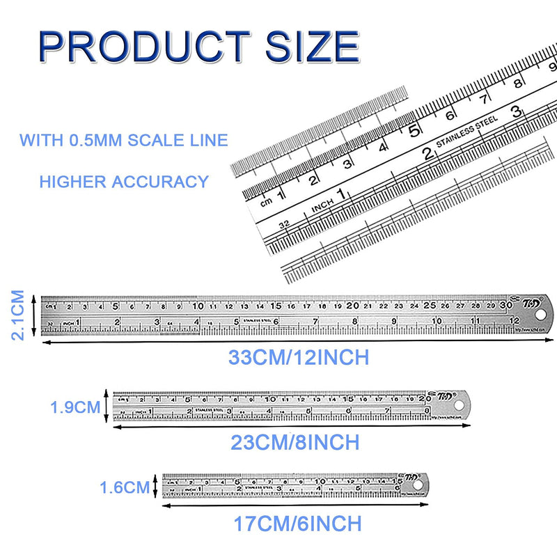  [AUSTRALIA] - Metal Ruler Set - 6,8,12 inch Stainless Steel Double Side Straight Edge Centimeter Inch Scale Metric Construction Rulers Kit Precision Measuring Drawing Tool for School, Office,Set of 3