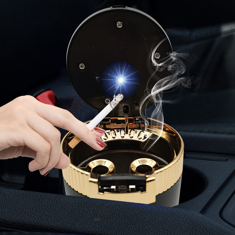  [AUSTRALIA] - 1Pcs Car Ashtray with Lid Portable Ash Tray, Easy Clean Up Detachable Stainless Car Ashtray with Blue Light Windproof for Outdoor Travel (Gold) gold