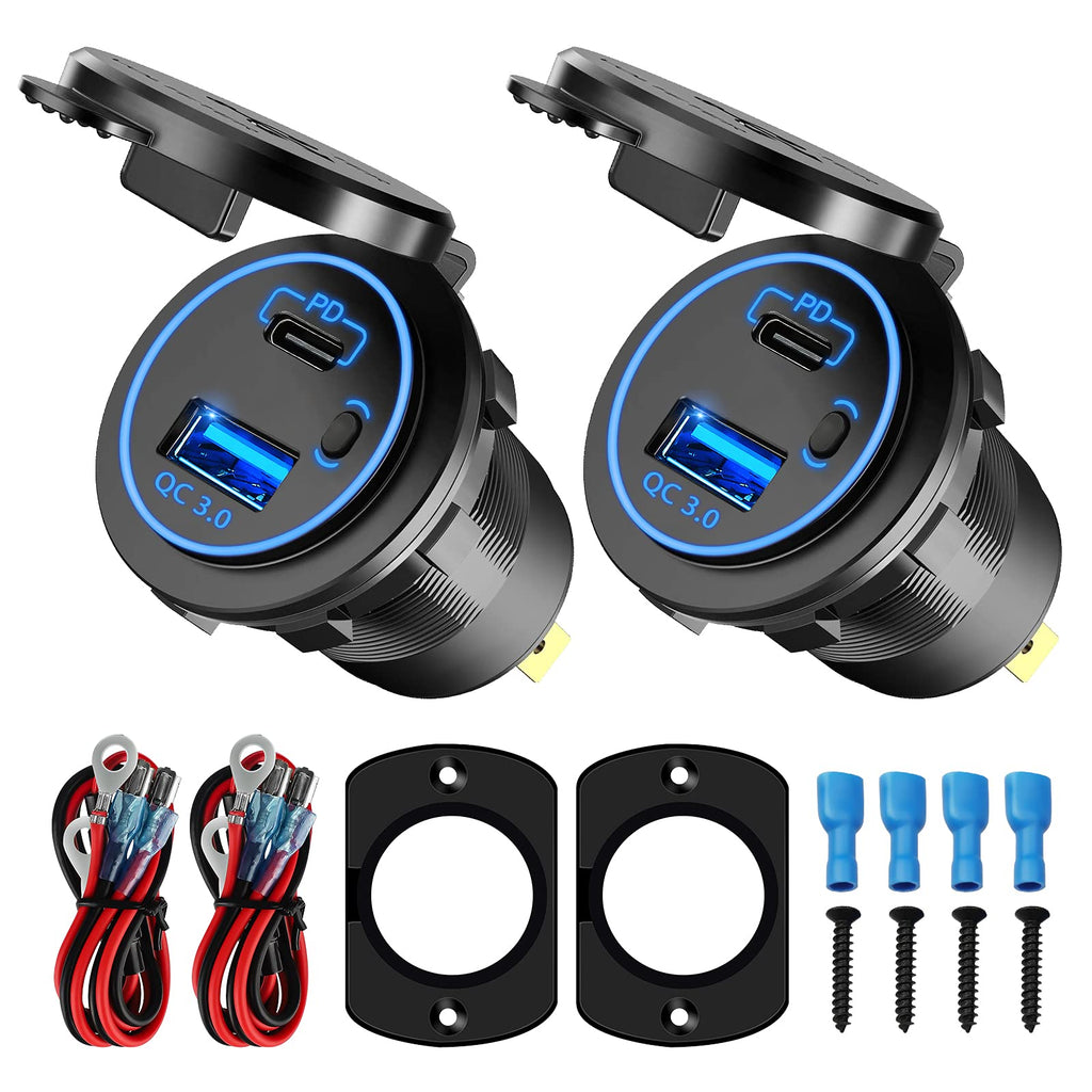  [AUSTRALIA] - 2 Pack 12v USB Outlet, U48W USB C Car Charger Socket Dual USB Outlet PD & QC 3.0 Car Socket with ON Off Switch Fast Car Charger for Car, Boat, Marine, Bus, Truck, Golf Cart, RV, Motorcycle