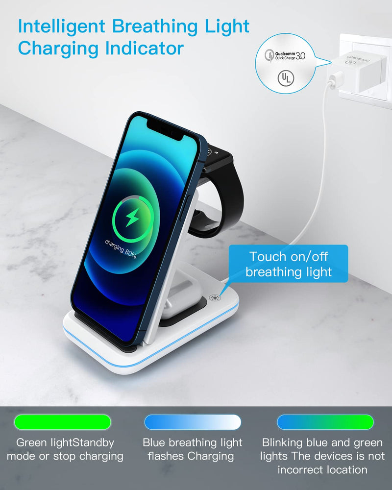  [AUSTRALIA] - Wireless Charging Station, MSTJRY 3 in 1 Wireless Charger Station for Apple Products Multiple Devices Compatible with iPhone Airpods iWatch S7/SE/6/5/4/3/2 UL Certified Power Adapter Included White