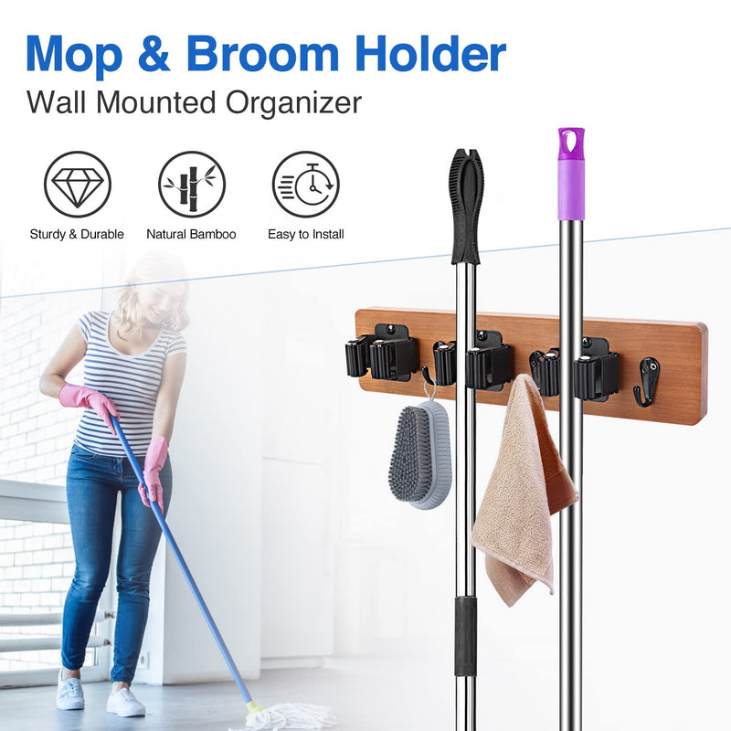  [AUSTRALIA] - Mop and Broom Holder, Wall Mount Garage Organizer, Mounted Garden Tool Rack, Storage Hanger Hooks for Home Goods, Laundry, Cleaning Supplies, Heavy Duty Gripper Bracket with Clip (Brown, 3 Hooks) Brown