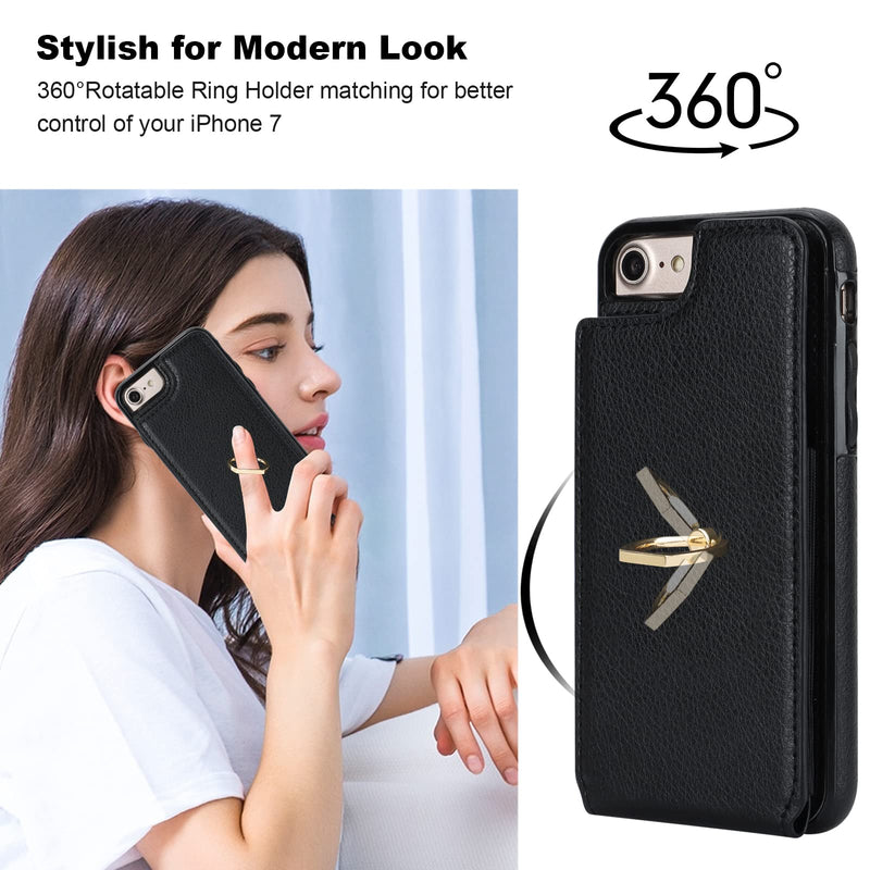  [AUSTRALIA] - Folosu for iPhone SE(2022) iPhone SE(2020) iPhone 7/8 Wallet Case with Card Holder, 360°Rotation Ring Holder Kickstand Protective RFID Blocking PU Leather Flip Shockproof Cover 4.7 Inch Black