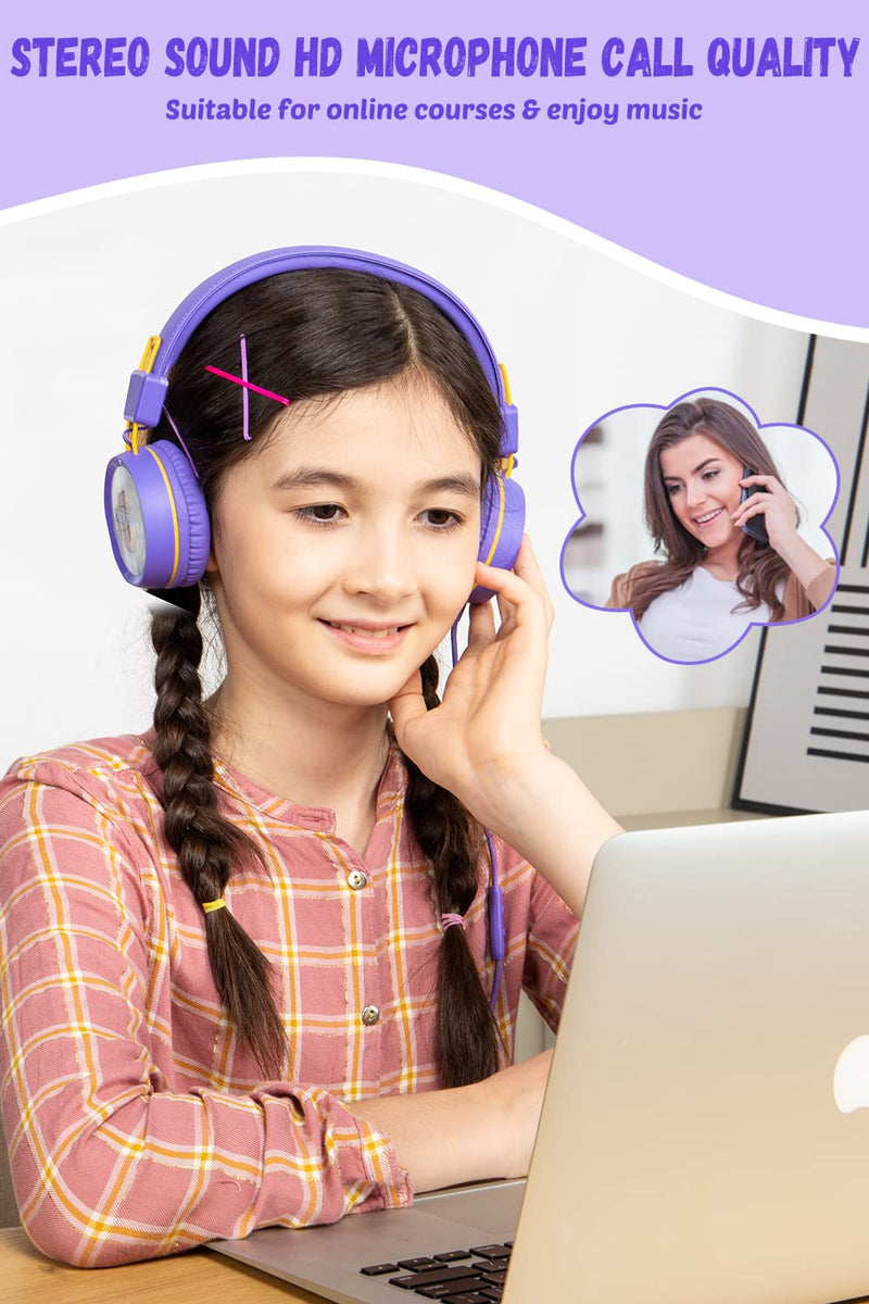  [AUSTRALIA] - Kids Headphones for School with Microphone New bee KH20 HD Stereo Safe Volume Limited 85dB/94dB Foldable Lightweight On-Ear Headphone for PC/Mac/Android/Kindle/Tablet/Pad (Purple) Purple