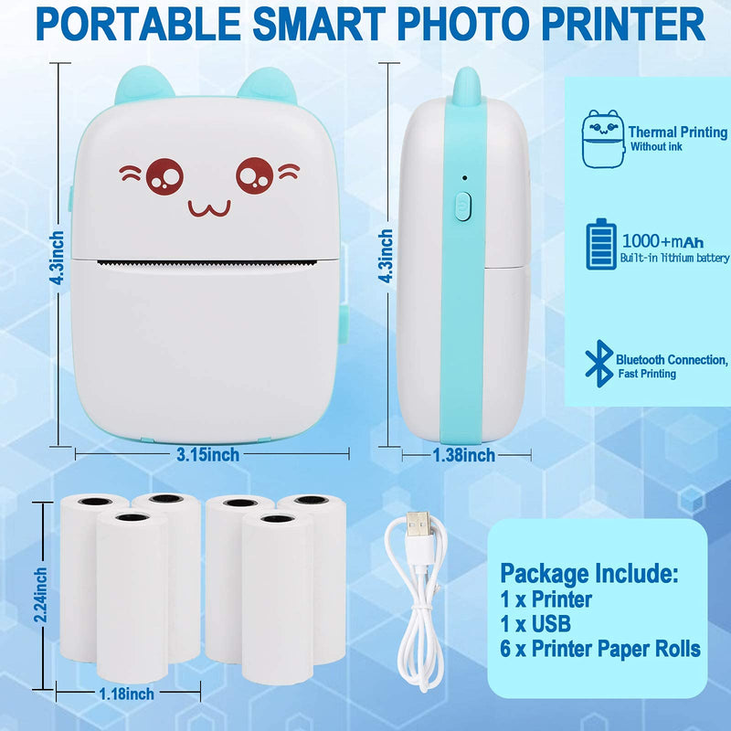  [AUSTRALIA] - Portable Printer, Mini Pocket Wireless Bluetooth Thermal Printers with 6 Rolls Printing Paper for Android iOS Smartphone, BT Inkless Printing Gift for Label Receipt Photo Notes Study Home Office, Blue