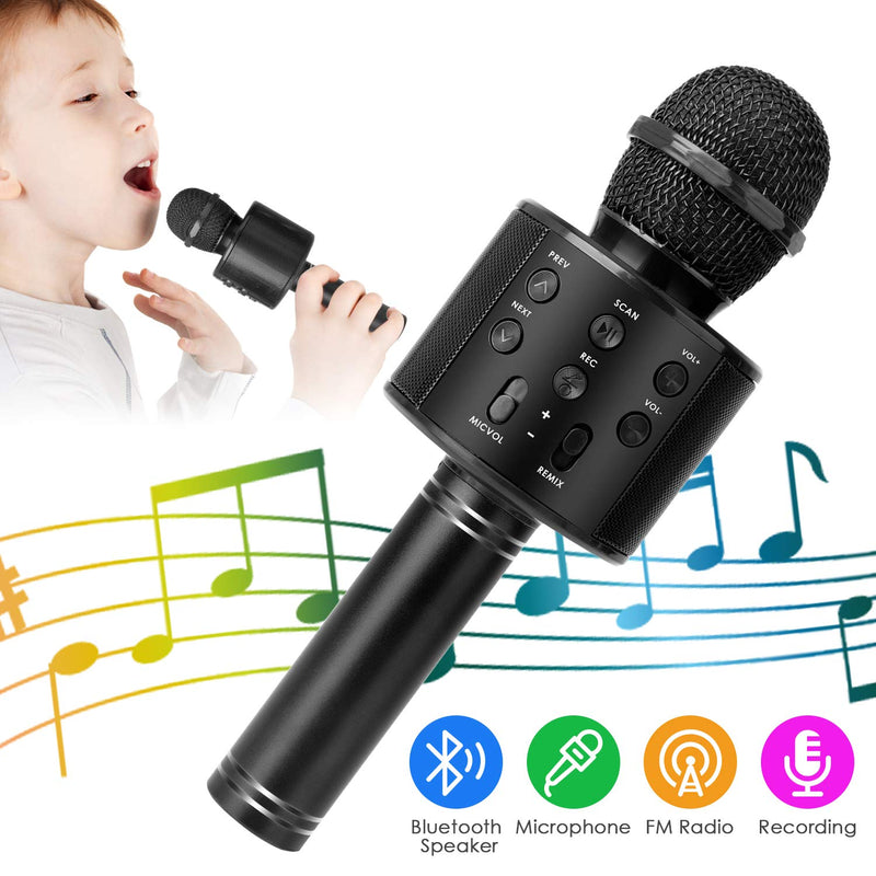  [AUSTRALIA] - Wireless Bluetooth Karaoke Microphone for Kids, 5-in-1 Portable Handheld Karaoke Mic Speaker Player Recorder with Adjustable Remix FM Radio for Kids Girls Boys Teens Birthday (Black) black