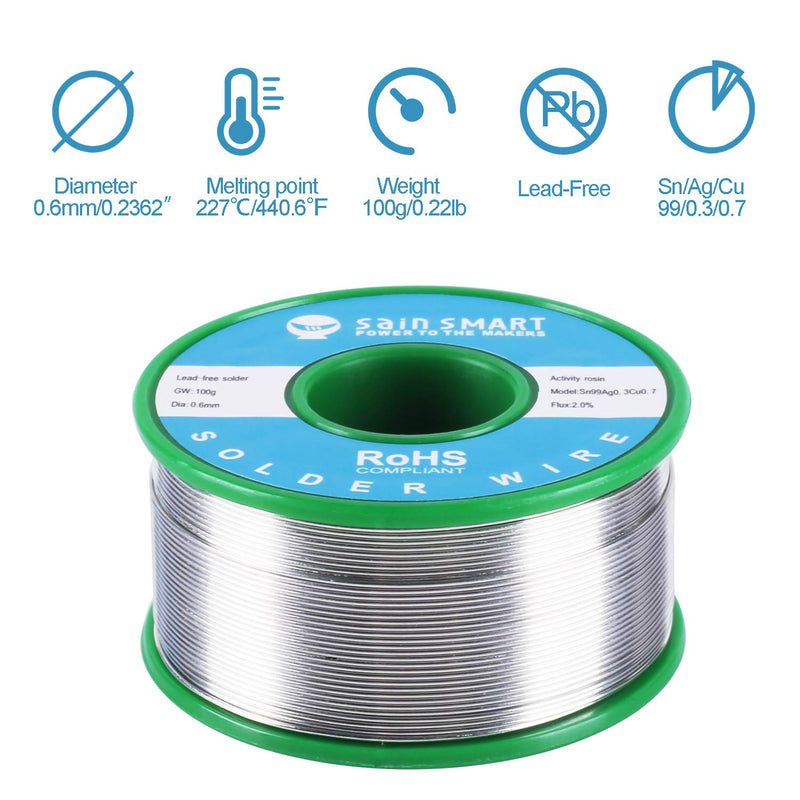  [AUSTRALIA] - SainSmart 0.6mm Lead Free Solder Wire with Rosin2 Sn97 Cu0.7 Ag0.3, Tin Wire Solder for Electrical Soldering (100g /0.22lbs)