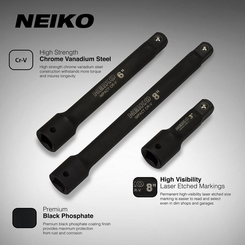  [AUSTRALIA] - Neiko 00237A 1/2” Drive Impact Extension bar Set, CR-V Steel | 3Piece Set | 3”, 6”, 8”