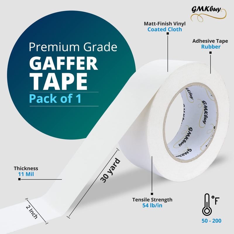  [AUSTRALIA] - GMKbuy Gaffers Tape – 2inch x 30yard Matte White - Heavy Duty, Non-Reflective, Easy to Tear, Leaves No Residue, Waterproof Cloth Gaff Tape to Secure Cords & Wires for Home, Office, & Media Industry 2 Inch x 30 Yards - [1 Pack]
