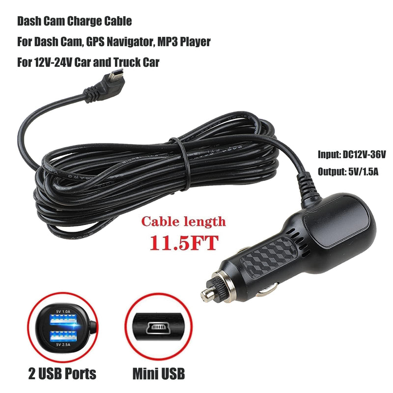  [AUSTRALIA] - Peojek Dash Cam Charger Cable, GPS Navigator Charger Cable for Mini USB Port, 2 USB Ports, Mini USB Right Port Dash Charge Cable for 12V Car and 24V Truck Power Adapter Cable (Right-90 Degree Port) Right-90 Degree Port