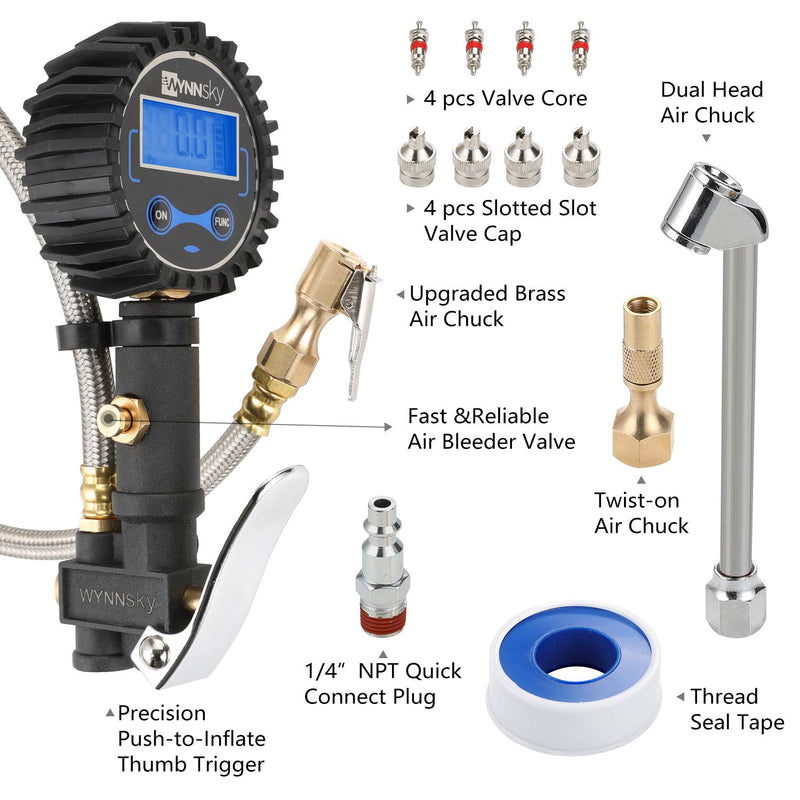  [AUSTRALIA] - WYNNsky Digital Tire Pressure Gauge 200 PSI and Compressor Accessories Heavy Duty Inflator with Stainless Steel Braided Hose, Dual Head Air Chuck and Quick Connect Coupler, Easy Read Glow Dial